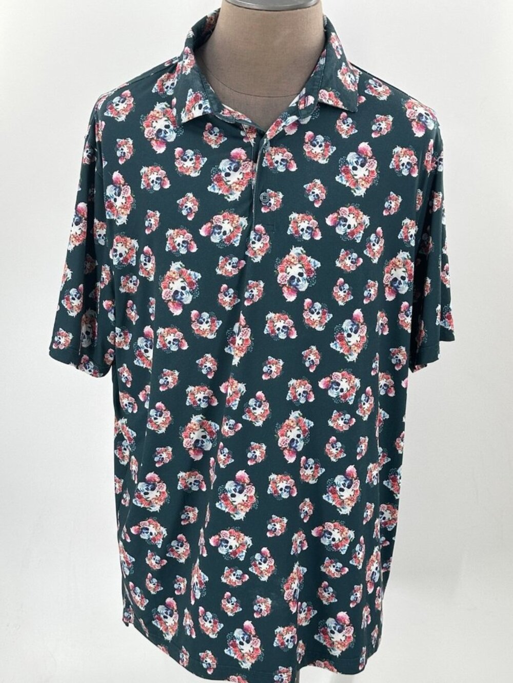 1764 Polo Dark Green Pink Skull Flowers Roses Golf Short Sleeve XXL
